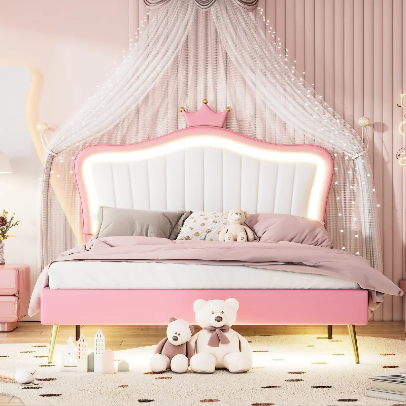 Pink Queen Size Upholstered Bed Frame with LED Lights