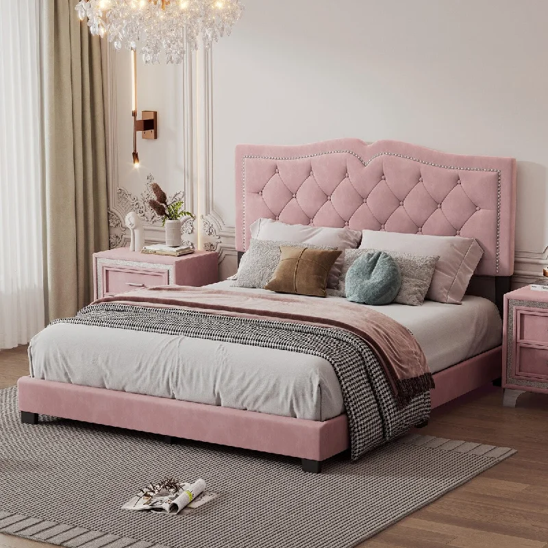 Pink Queen Size Upholstered Platform Bed Frame w/ Rivet Headboard