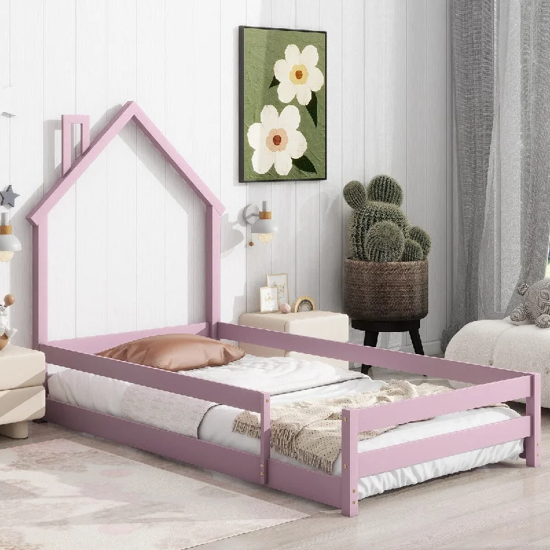 Pink Twin Size Kids Floor Bed - House-Shaped Headboard, Guardrails, Multiple Colors