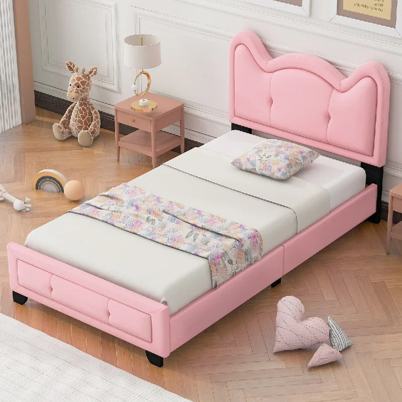 Pink Twin Size Upholstered Platform Bed with Cartoon Ears Headboard