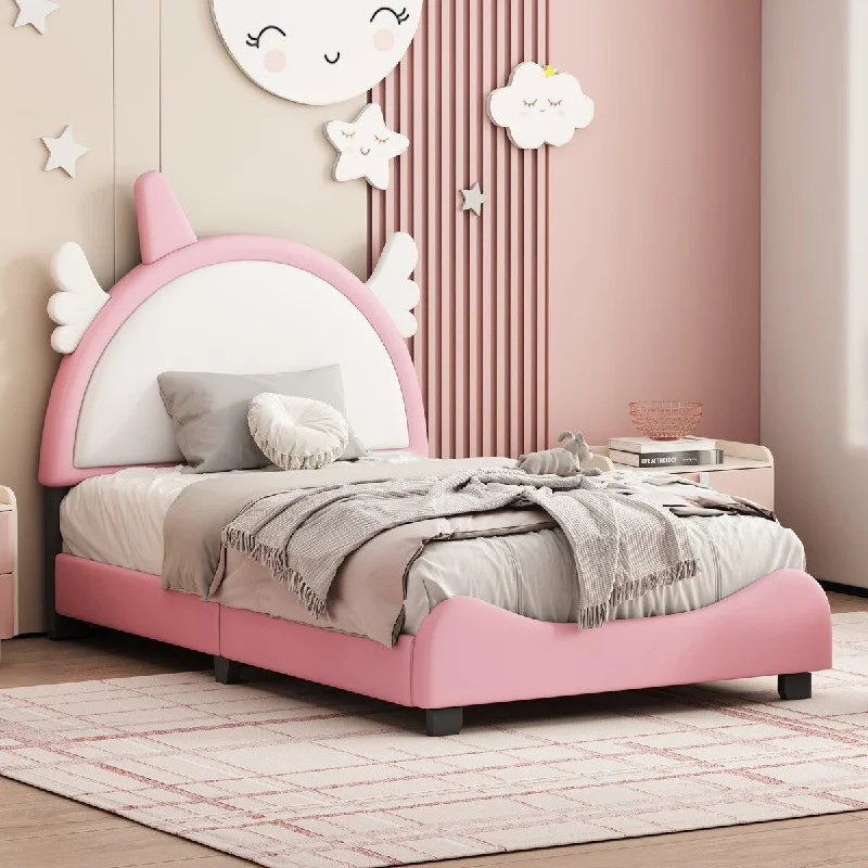 Pink Twin SizeCute Upholstered Bed with Unicorn Headboard