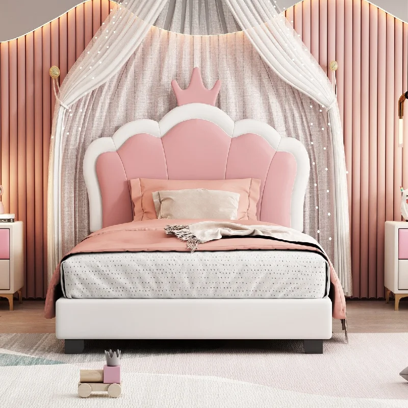 Pink Twin Upholstered Bed with Crown Headboard