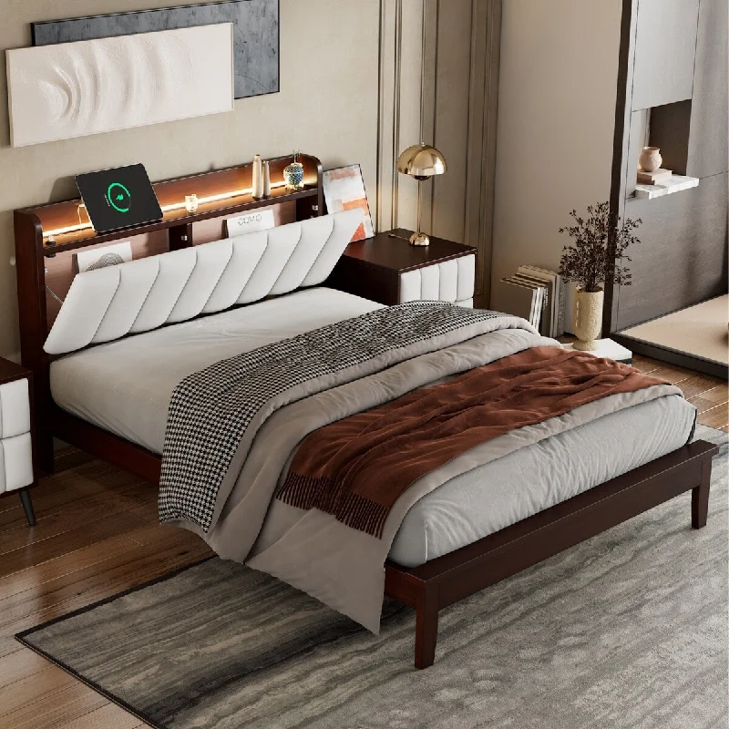 Platform Bed with USB Charging Station and Storage Upholstered Headboard,LED Bed Frame,No Box Spring Needed