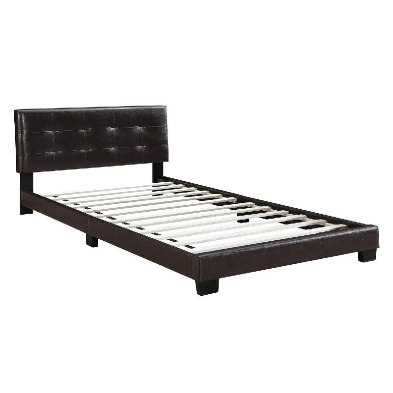 Queen Leatherette Bed with Checkered Tufted Headboard, Dark Brown