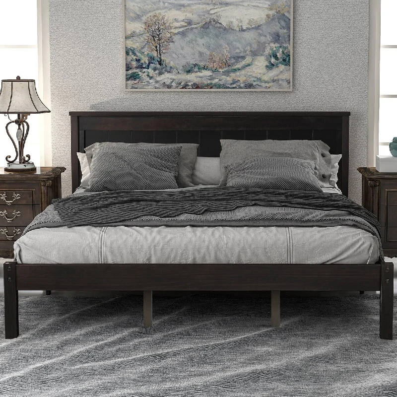 Queen Size Espresso Platform Bed Frame with Headboard, Wood Slat Support, No Box Spring Needed