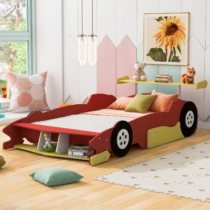 Red Full Race Car Platform Bed with Storage