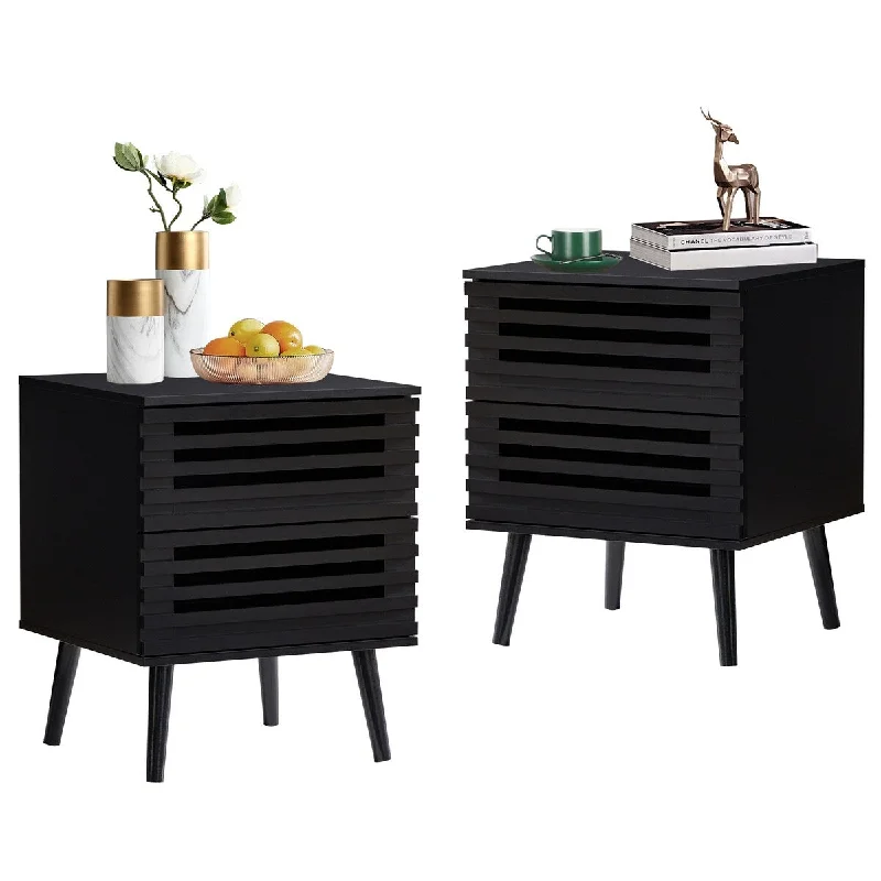 Set of 2 Nightstand, Wood End Tables with 2 Storage Hollowed-Out Drawers, Bedroom Bedside Table Storage Side Table