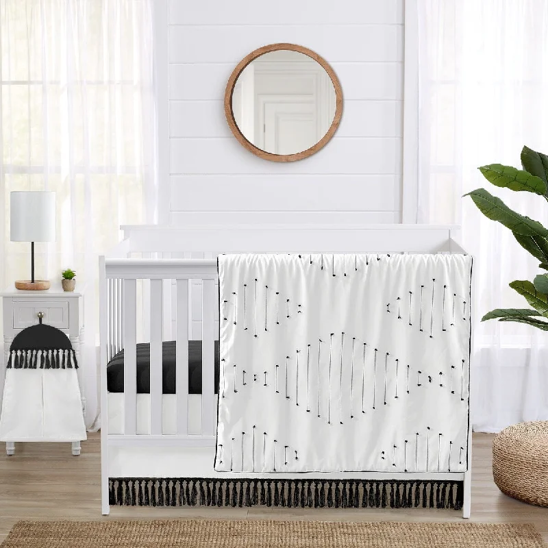 Sweet Jojo Designs Black White Boho Stitch Boy Girl Gender Neutral Unisex 4p Nursery Crib Bedding Set Farmhouse Bohemian Fringe