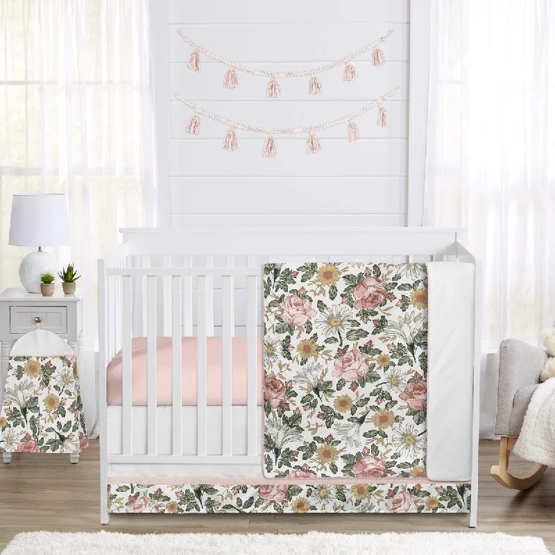 Sweet Jojo Designs Blush Pink Yellow Vintage Floral Boho Girl 5p Nursery Crib Bedding Set Green White Bohemian Shabby Farmhouse