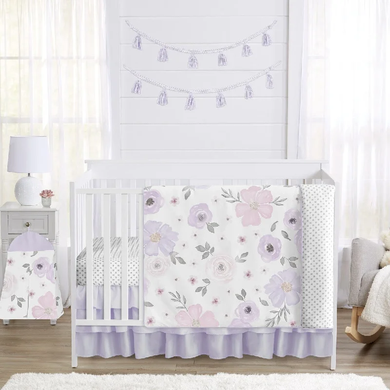 Sweet Jojo Designs Lavender Purple Boho Floral Girl 5p Nursery Crib Bedding Set Pink Grey White Bohemian Shabby Chic Farmhouse