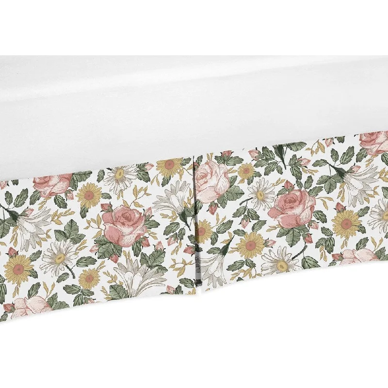 Sweet Jojo Designs Vintage Floral Boho Girl Crib Bed Skirt - Blush Pink Yellow Green and White Shabby Chic Rose Flower Farmhouse