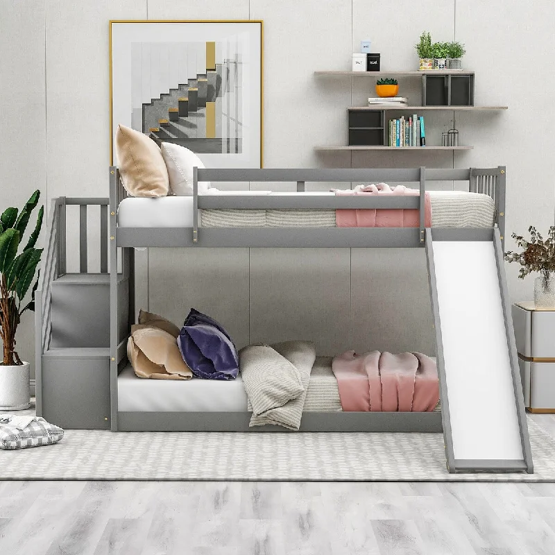 Twin over Twin Bunk Bed with Convertible Slide and Stairway