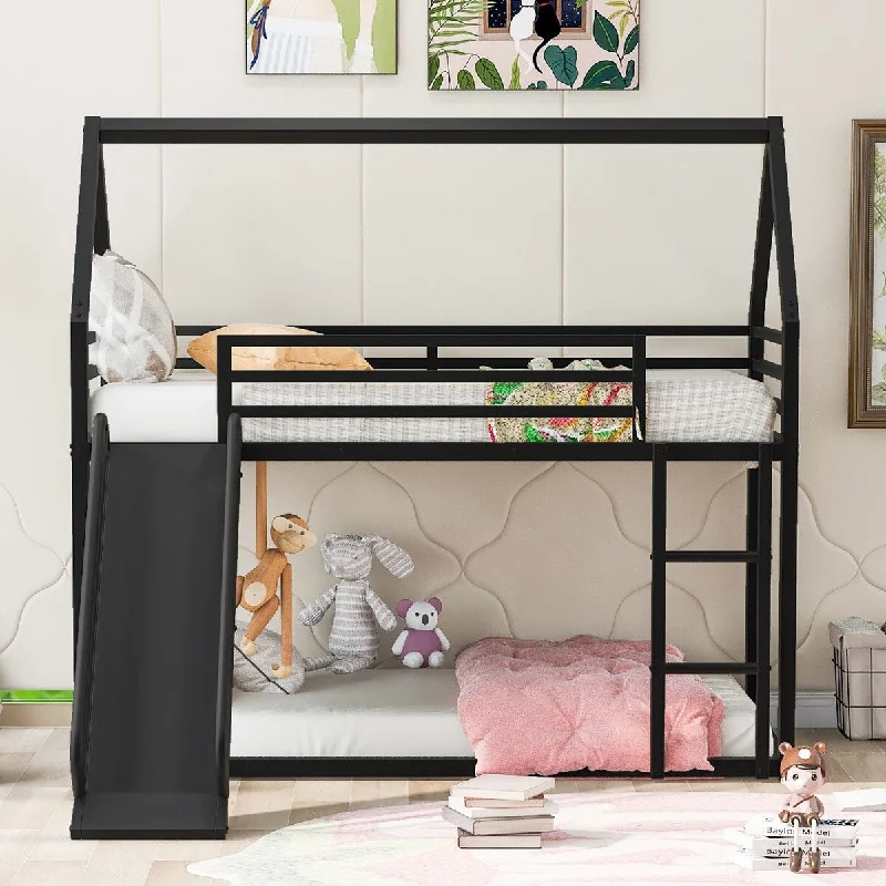 Twin over Twin House Bunk Bed with Ladder and Slide, Black