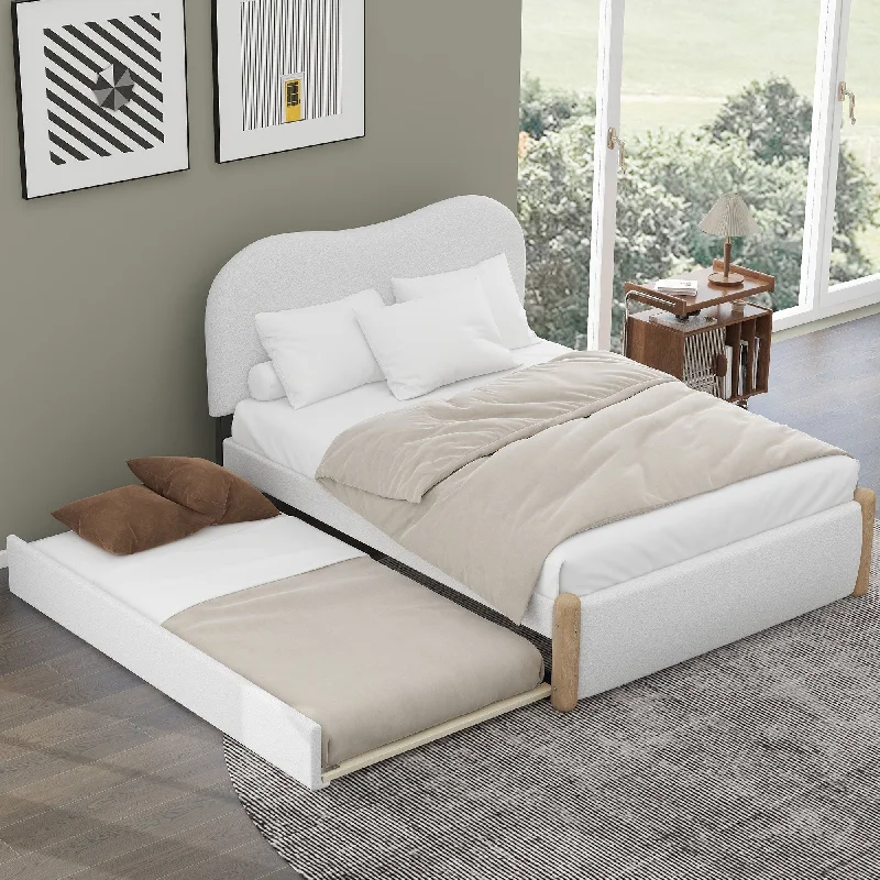 Upholstered Platform Bed with Wood Supporting Feet and Twin Size Trundle