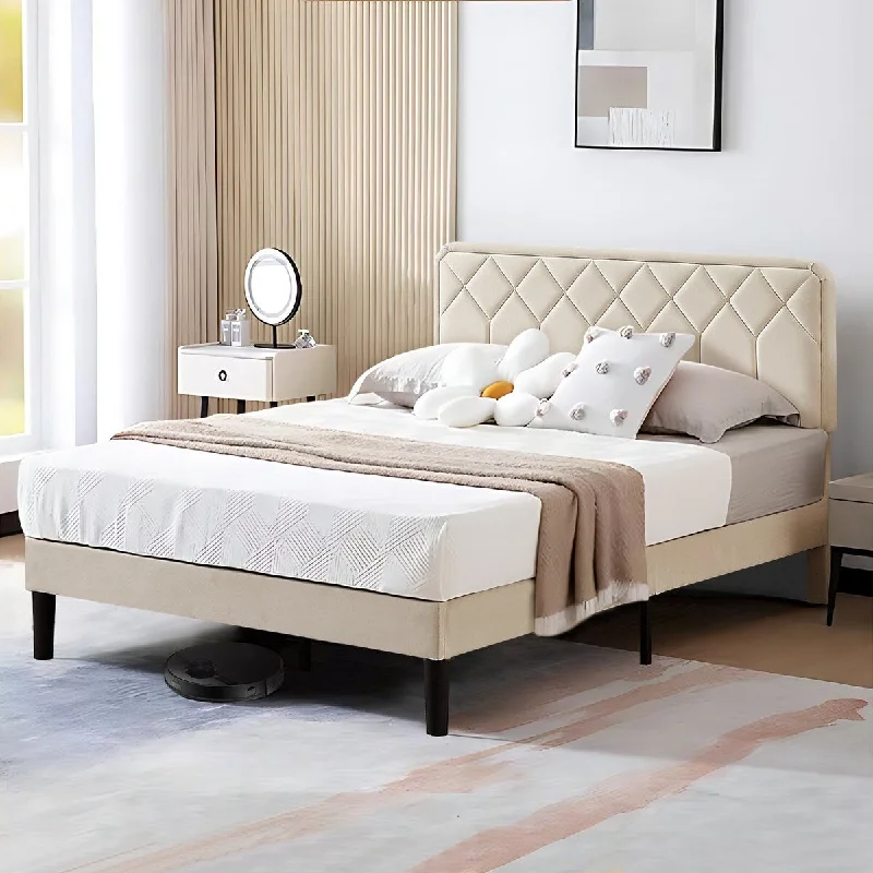 VECELO Upholstered Bed Frame with Adjustable Height Headboard, Twin/Full/Queen Size Beds, Beige