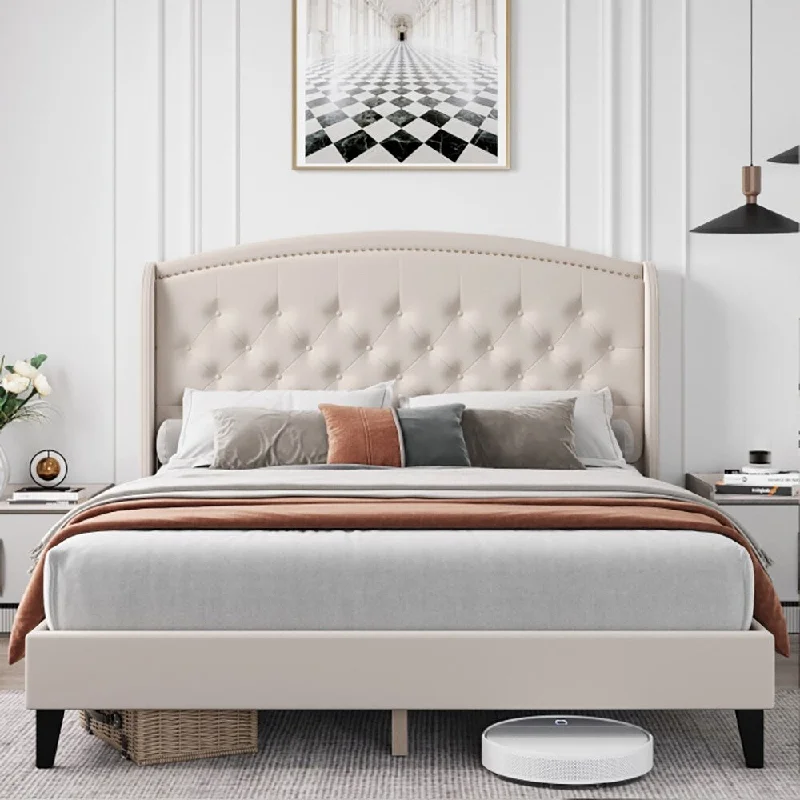 Velvet Tufted Upholstered Bed Frame with Wingback Headboard