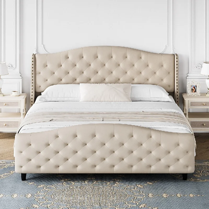 Velvet Upholstered Bed Frame with Button Tufted Headboard