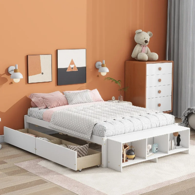 White Full Size Bed with Storage Case and Two Drawers, Featuring a Stylish Platform Design, Crafted from Premium Pine Wood