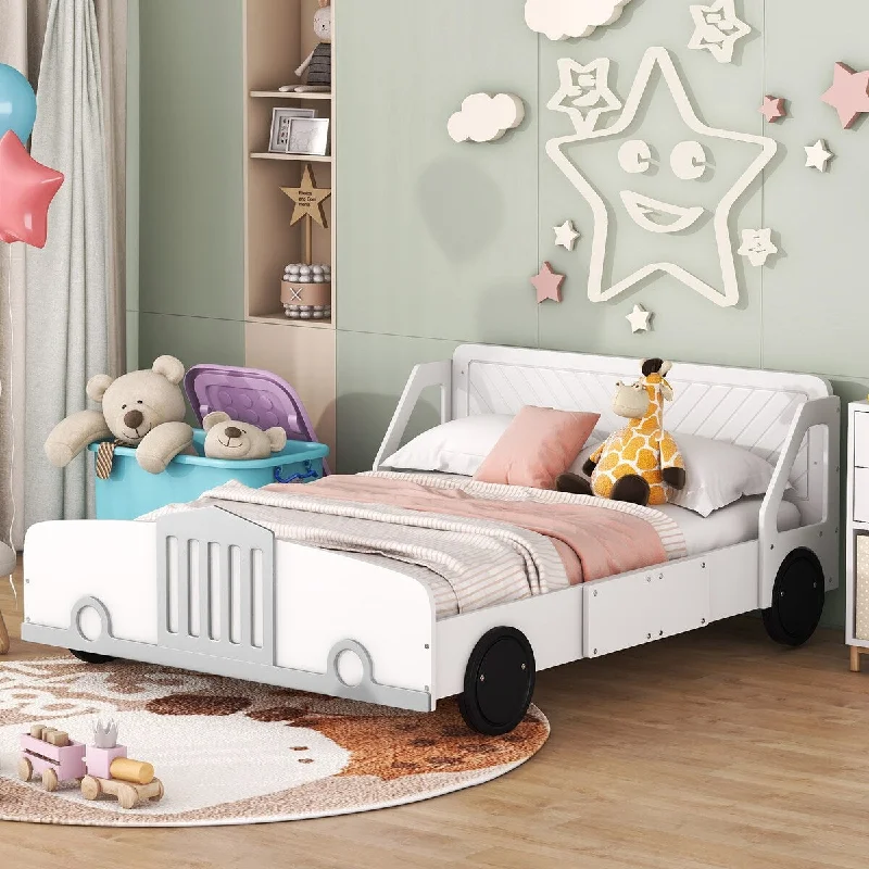 White Full Size Car-Shaped Platform Bed with Wheels