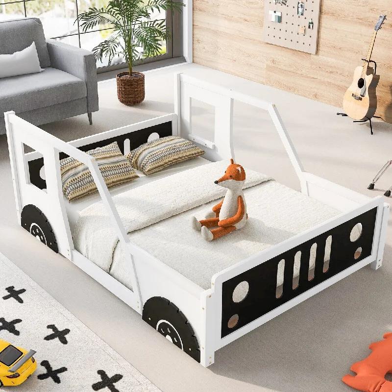 White Full Size Car-Themed Platform Bed with Wheels and Storage Shelves