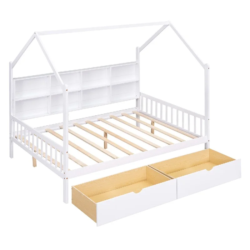 White Full Size House Bed with Storage Drawers and Shelf, Wooden