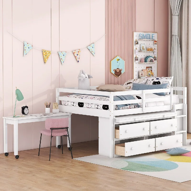 White Full Size Loft Bed with Retractable Writing Desk and Four Drawers - Available in /