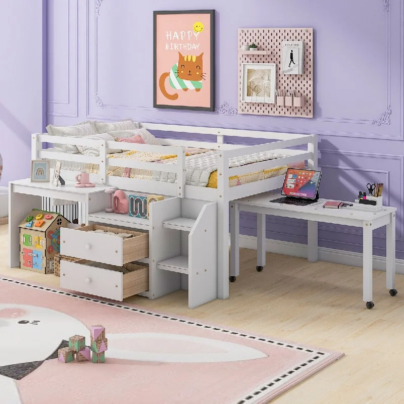 White Full Size Loft Bed with Study Desk, Drawers, and Portable Lateral Desk for Versatile Use