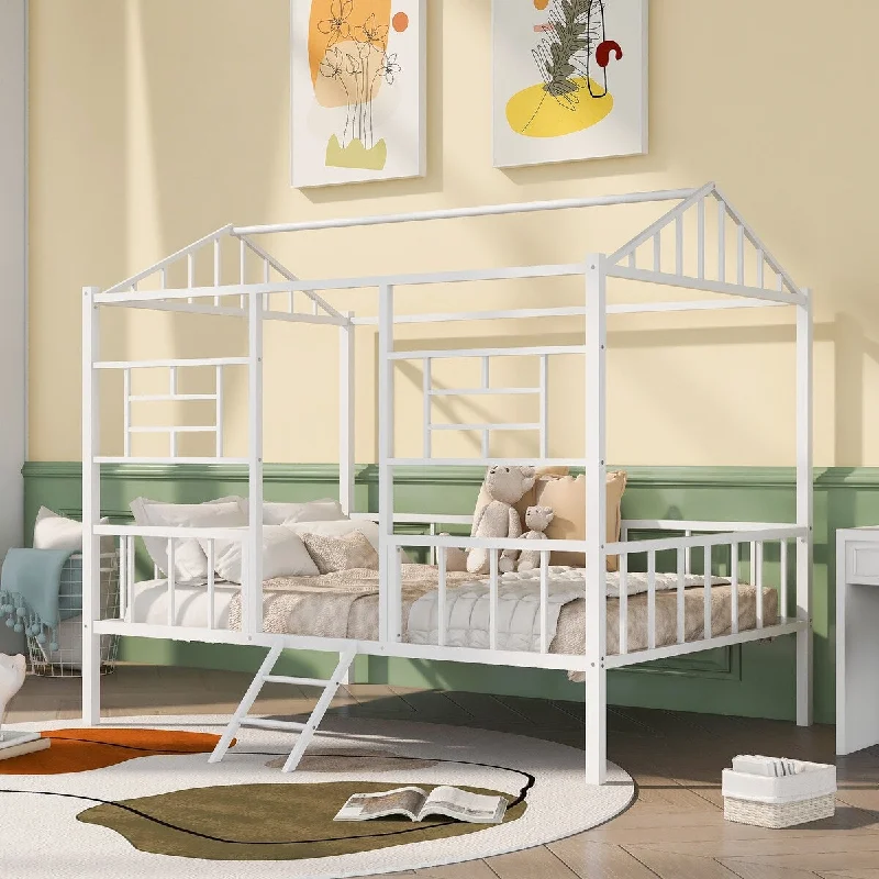 White Full Size Metal House Bed Frame