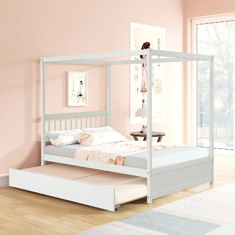 White Full Size Pine Poster Bed with Trundle