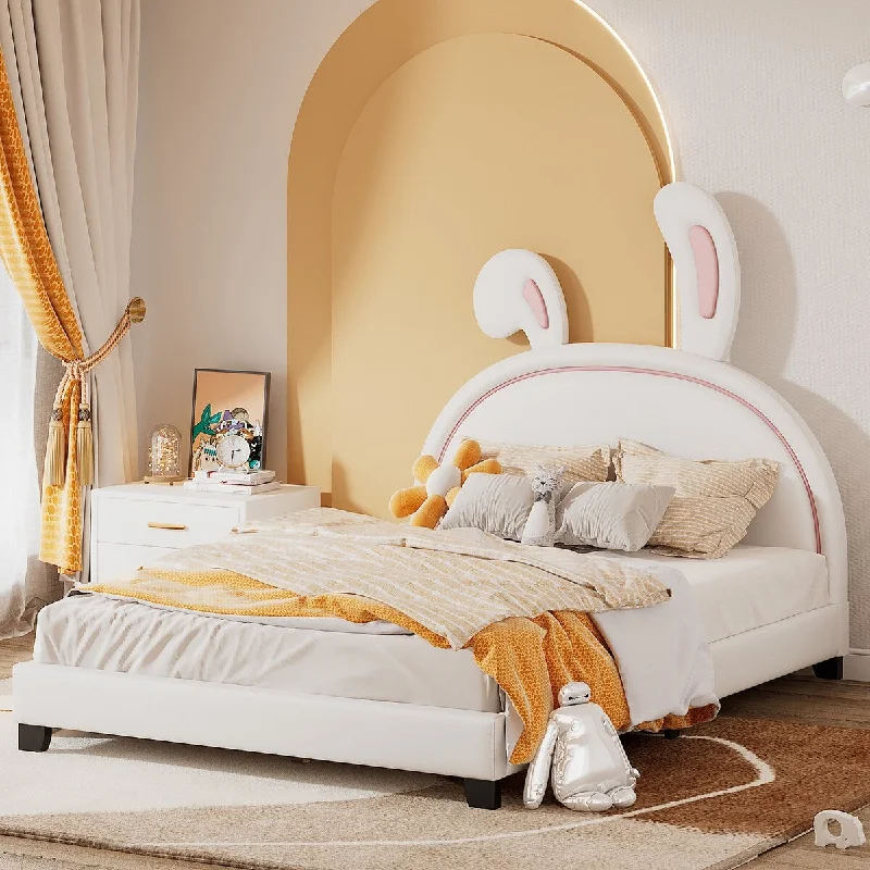 White Full Size Upholstered Leather Platform Bed with Rabbit Ornament - High Load Capacity, Solid Construction