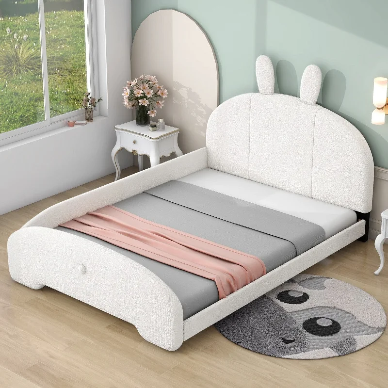 White Full Size Upholstered Platform Bed with Adorable Cartoon Ears Headboard