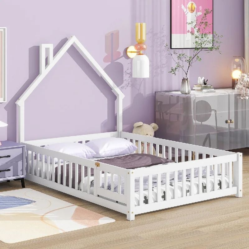 White Full Size Wood Floor Bed with Fence