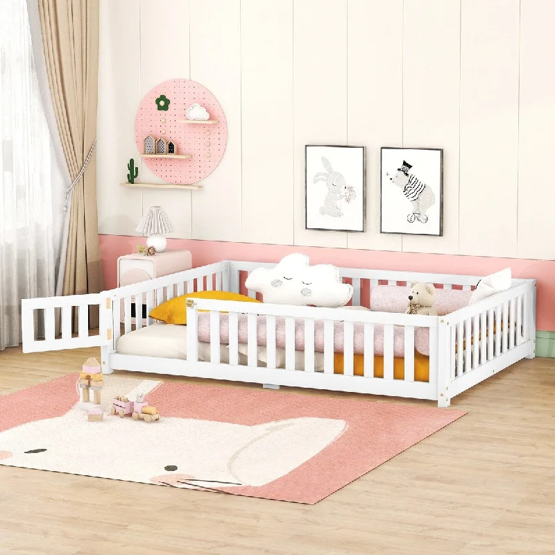 White Full SizeKids Floor Bed with Safety Guardrails, Door, and Low Profile Design, LVL Rubber Wood