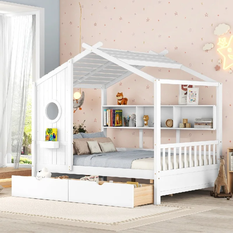 White Full SizeWooden House Bed with 2 Drawers, Kids Bed with Storage Shelf, /