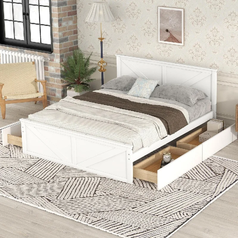 White Queen Size Wooden Platform Bed with Storage