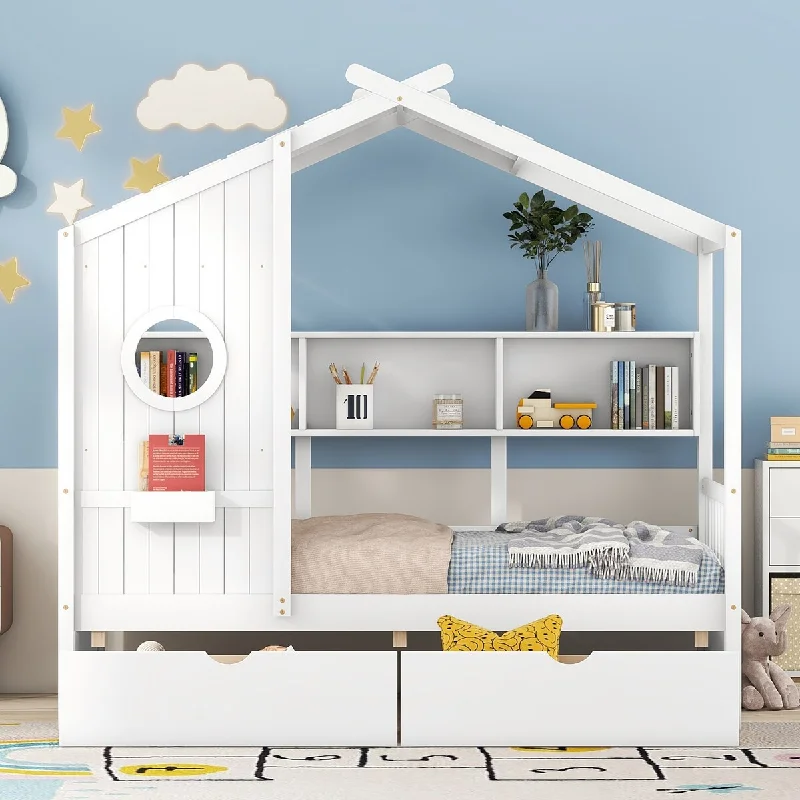 White Twin Size House Bed with Roof, Dual Drawers, and Storage Shelf