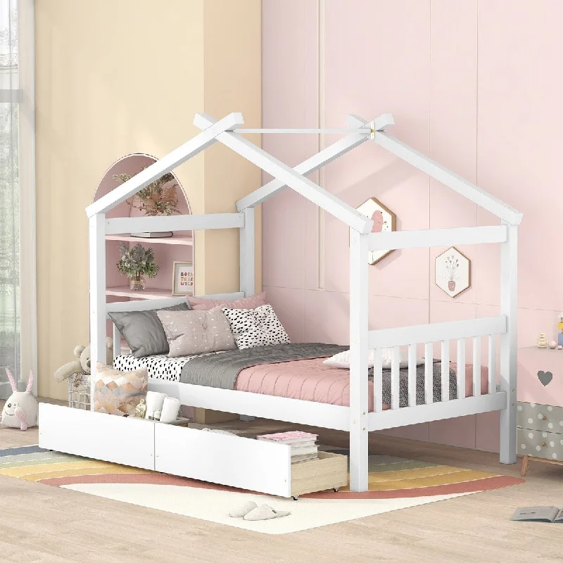 White Twin Size House Day Bed with Drawers