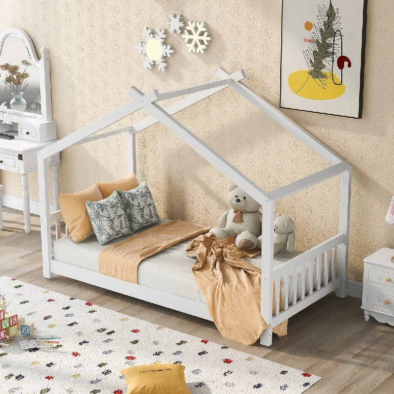 White Twin Size House Platform Bed with Roof Design for Unique Style