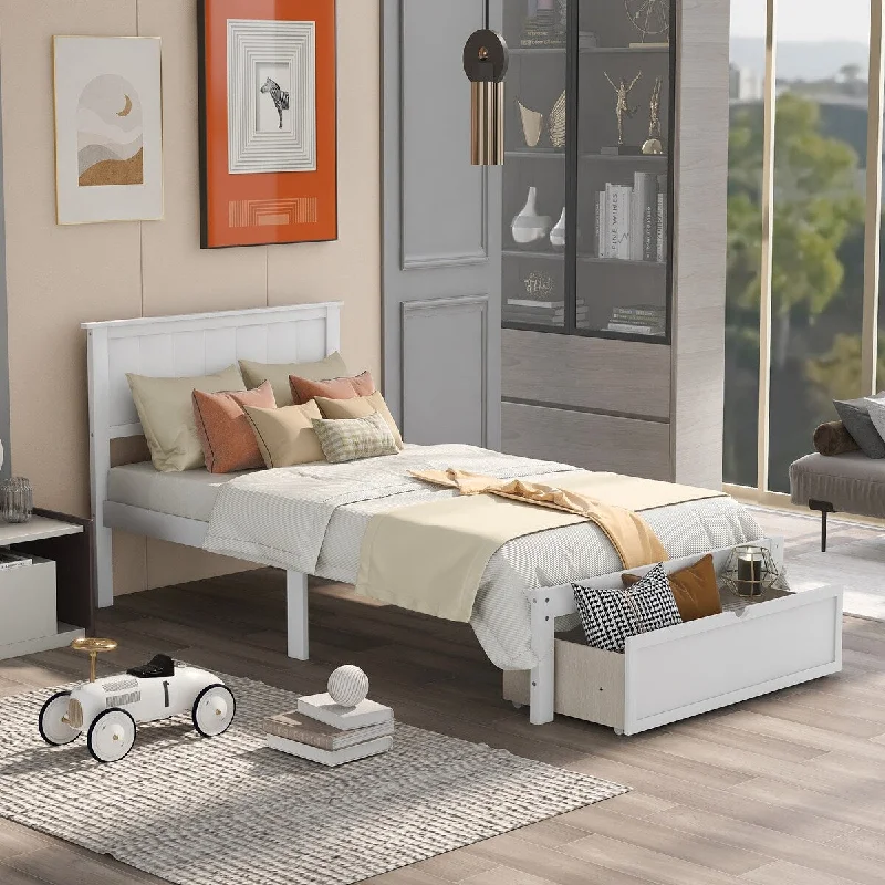 White Twin Size Platform Bed with Convenient Under-Bed Drawers - Pine Wood and MDF Construction