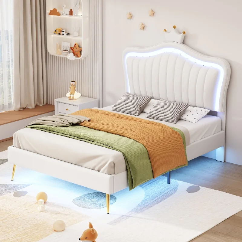 White Twin Size Upholstered Platform Bed with LED Lights and Crown Headboard