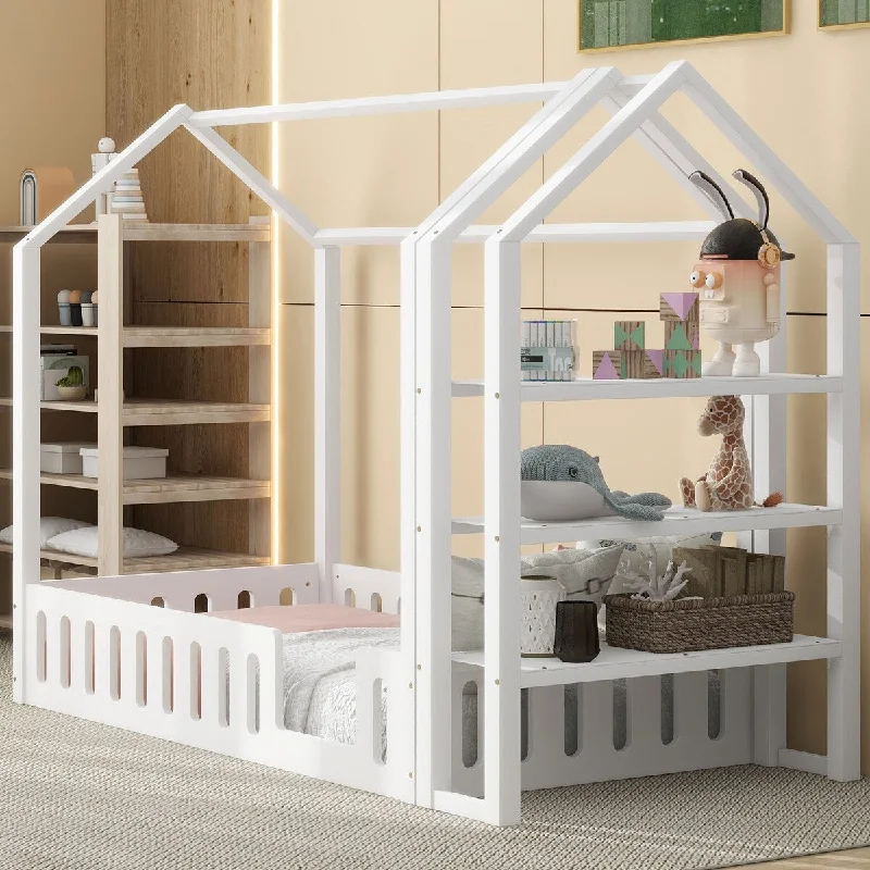 White Twin Size Wood Kid's Bed, House Bed with Fence, Storage Shelves - Two Colors