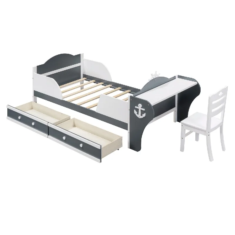 White Twin SizeBoat-Shaped Platform Bed with Desk, Chair, and Drawers - Wood