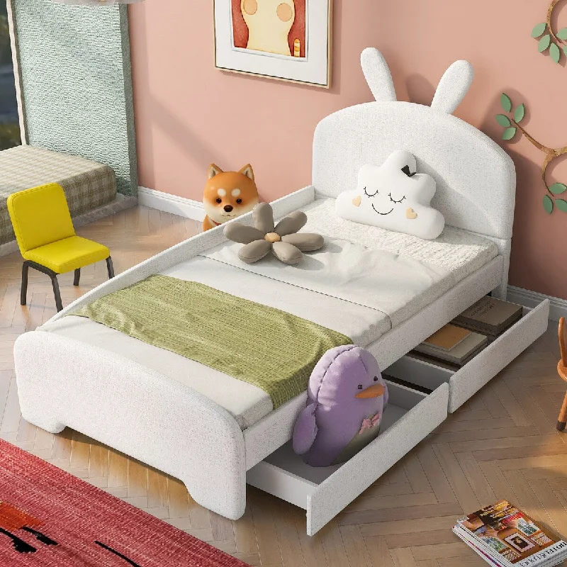 White Twin SizeCartoon Ear Platform Bed with Drawers