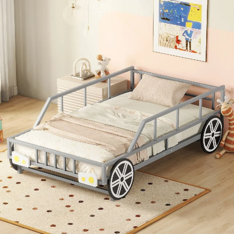 White Twin SizeMetal Car Bed with Wheels and Headlights Decoration