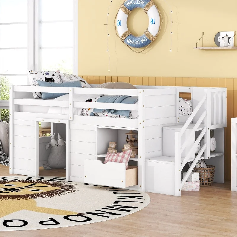 White Twin SizeSolid Wood Low Loft Bed with Staircase, Drawers and Multiple Storage Spaces, with Safety Guardrails