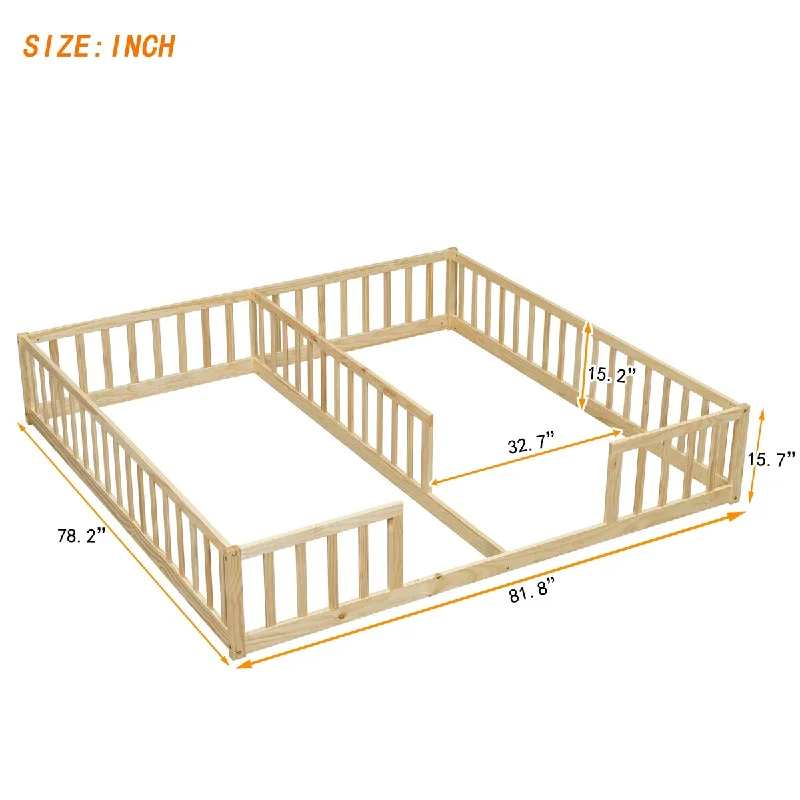 White Twin SizeWood Double Floor Bed with Fence, Guardrails, without Door