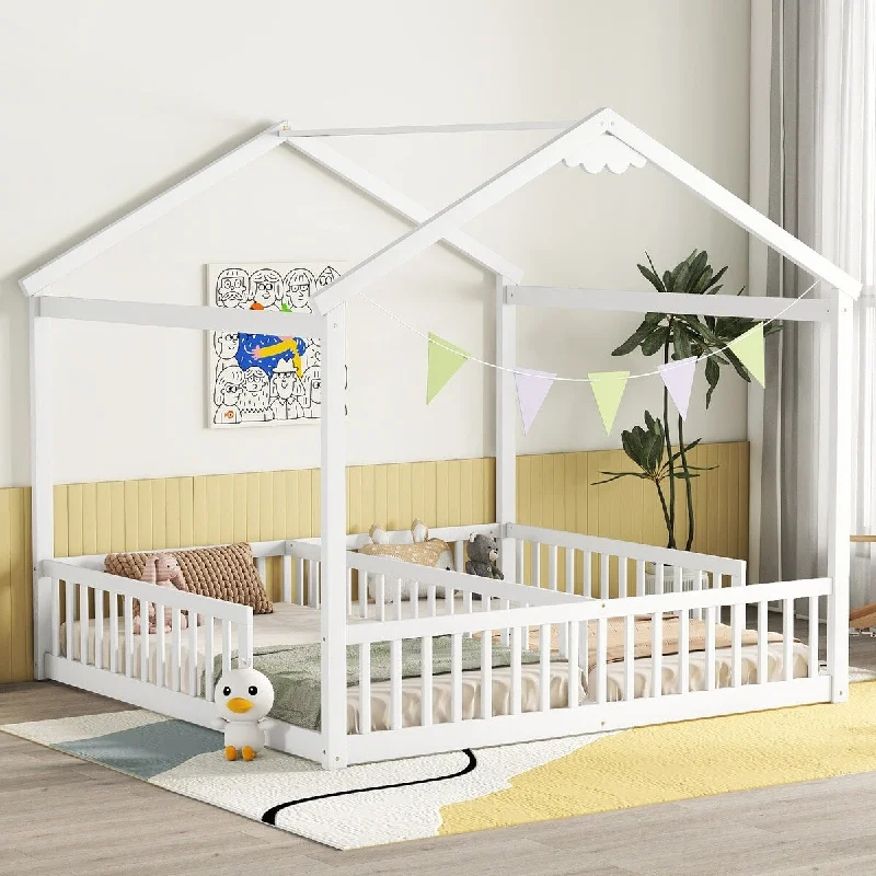 White Twin SizeWood Floor Bed with Protective Guardrails