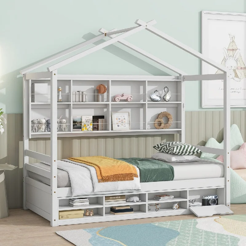 White Twin SizeWooden House Bed with Roof Frame, Shelves, and Under-Bed Storage