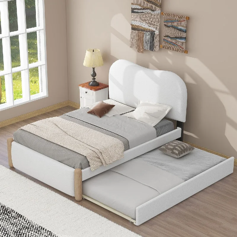 White Twin Upholstered Platform Bed with Trundle