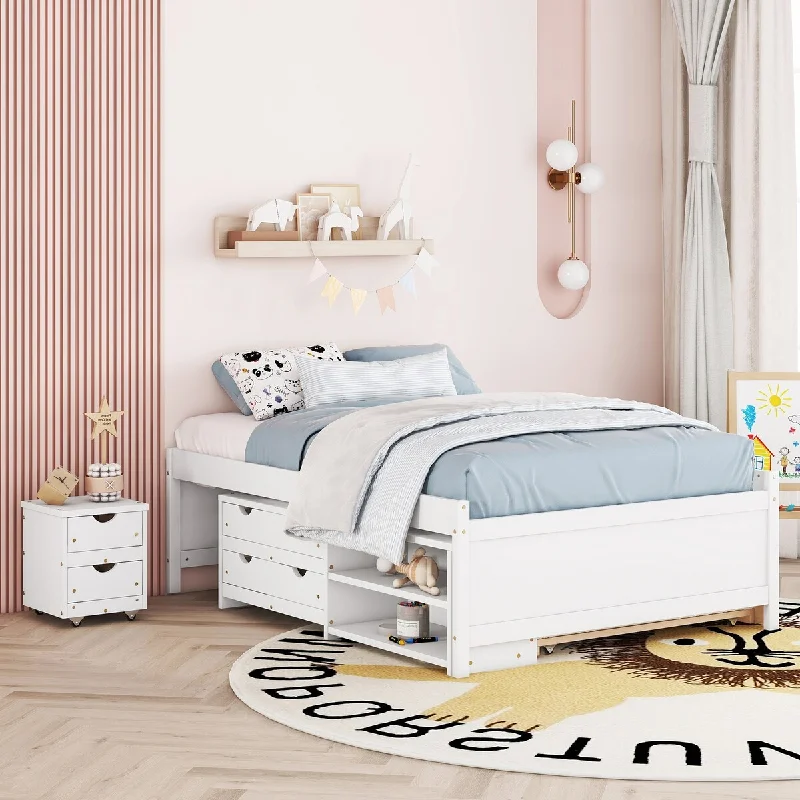 White Versatile Full Platform Bed with Trundle